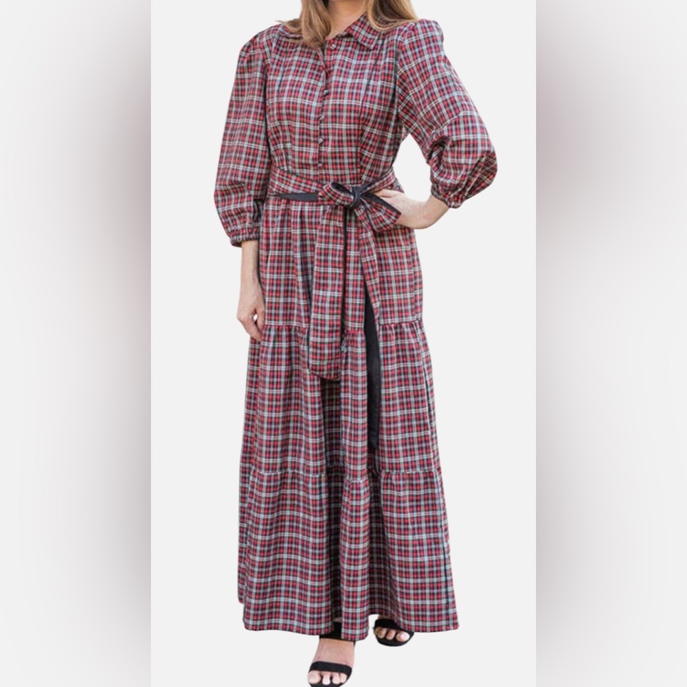 Victoria Dunn Stewart Tartan Plaid Folly Holly Flounced Maxi Dress, Size S